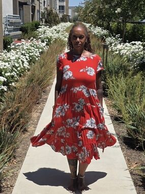 Free People Red Floral Tiered Midi Dress